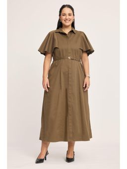 Virgio - Olive Solid Cotton Fit & Flare Shirt Plus Size Dress with Belt for Women