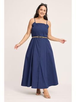 Virgio - Navy Blue Solid Cotton Maxi Plus Size Dress with Belt for Women