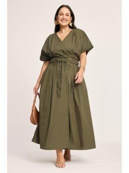 Virgio - Olive Solid Cotton Maxi Wrap Plus Size Dress with Belt for Women