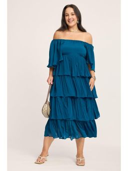 Virgio - Teal Solid Viscose Tiered Plus Size Dress for Women