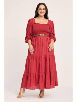 Virgio - Red Solid Viscose Midi Plus Size Dress with Belt for Women