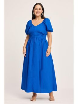 Virgio - Blue Solid Cotton Fit & Flare Maxi Plus Size Dress for Women