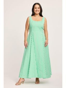 Virgio - Green Stripes Cotton Fit & Flare Plus Size Dress for Women