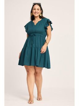 Virgio - Teal Solid Cotton Fit & Flare Mini Plus Size Dress for Women