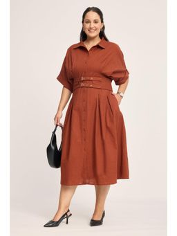 Virgio - Rust Solid Cotton Double Belted Midi Plus Size Dress for Women