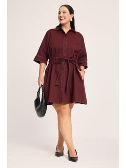 Virgio - Maroon Solid Cotton A-Line Belted Plus Size Dress for Women
