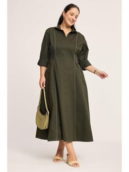 Virgio - Olive Solid Cotton Collared Plus Size Dress for Women