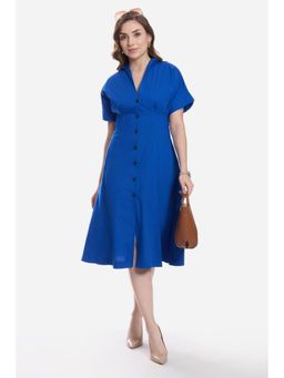 Virgio - Blue Solid Cotton Pleat Detail Midi Dress for Women