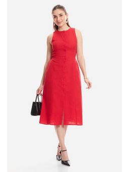 Virgio - Red Solid Cotton Sleeveless Midi Dress for Women