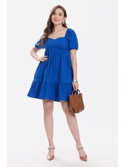 Virgio - Navy Blue Solid Cotton Sweetheart Mini Dress for Women