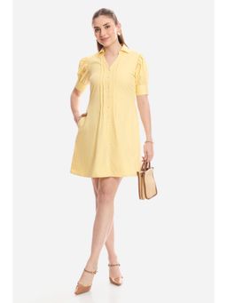 Virgio - Yellow Solid Cotton Puff Sleeve Mini Dress for Women