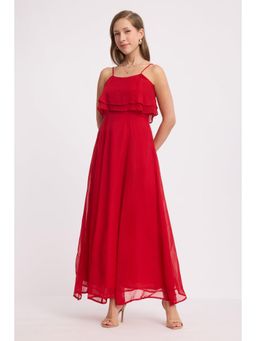 Virgio - Red Solid Viscose Strappy Ruffle Flared Dress for Women