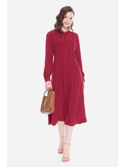 Virgio - Red Solid Viscose Pintuck Midi Dress for Women