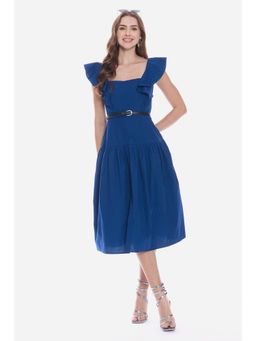 Virgio - Navy Blue Solid Cotton Midi Dress with Belt for Women