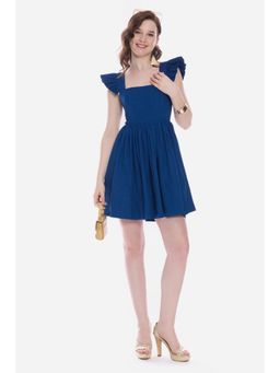 Virgio - Navy Blue Solid Cotton Back Bow Tie-Up Peplum Dress for Women