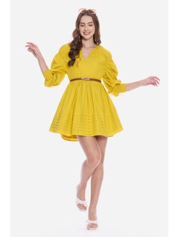 Virgio - Yellow Solid Cotton Gathered Neckline Mini Dress with Belt for Women