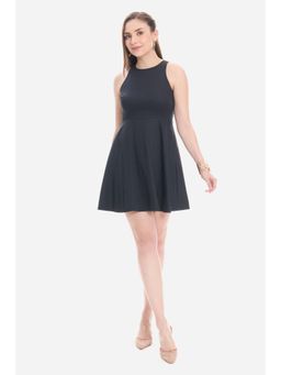 Virgio - Black Solid Cotton Round Neck Skater Dress for Women