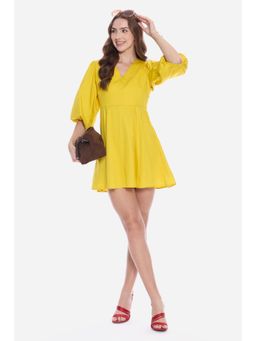 Virgio - Yellow Solid Cotton V-Neck Mini Dress for Women