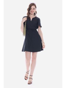 Virgio - Black Solid Cotton V-Neck Bell Sleeve Mini Dress with Belt for Women