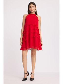 Virgio - Red Solid Viscose A-Line Tiered Dress for Women