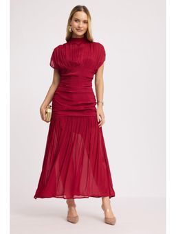 Virgio - Red Solid Viscose Ruched High Neck Maxi Dress for Women