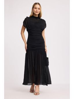 Virgio - Black Solid Viscose Ruched High Neck Maxi Dress for Women