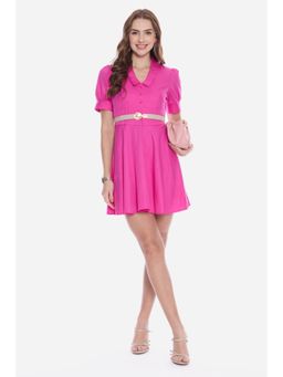 Virgio - Pink Solid Cotton Collared Puff Sleeve Mini Dress with Belt for Women