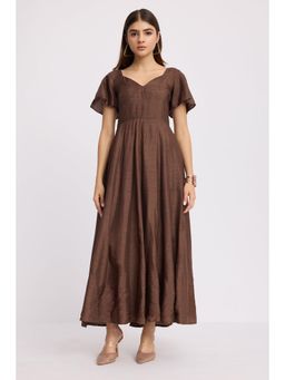 Virgio - Brown Solid Viscose Sweetheart Neck Dress for Women