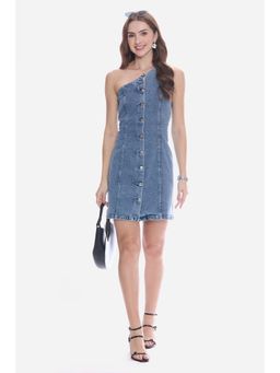 Virgio - Blue Solid Cotton Denim One Shoulder Dress for Women