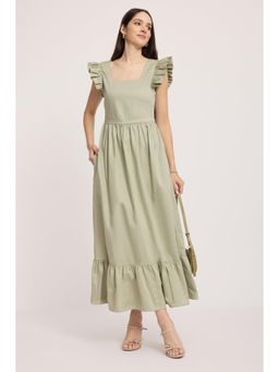 Virgio - Green Solid Cotton Flutter Sleeve Dress for Women