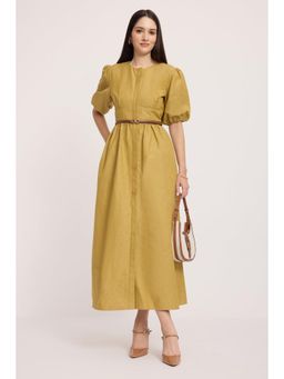 Virgio - Green Solid Cotton Puff Sleeves Shirt Dress with Belt for Women