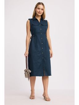 Virgio - Navy Blue Solid Cotton Sleeveless Belted Midi Dress for Women