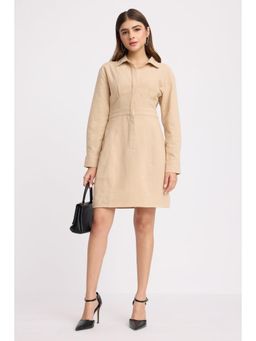Virgio - Beige Solid Cotton Cinched Waist Mini Dress for Women