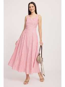 Virgio - Pink Stripes Cotton Sleeveless Midi Dress for Women