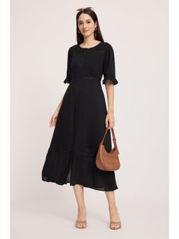 Virgio - Black Solid Viscose Button Front Lace Midi Dress for Women