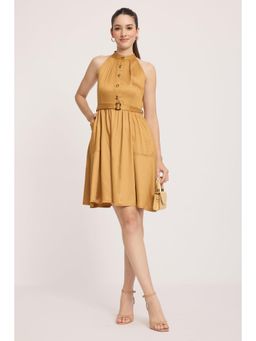 Virgio - Gold Solid Cotton Halter Neck Mini Dress with Belt for Women