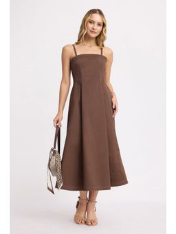 Virgio - Brown Solid Cotton Sleeveless Fit & Flare Maxi Dress for Women