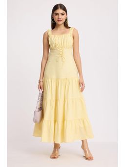 Virgio - Yellow Solid Cotton Tiered Lace-Up Maxi Dress for Women