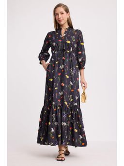 Virgio - Black Floral Cotton Botanical Tiered Maxi Dress for Women