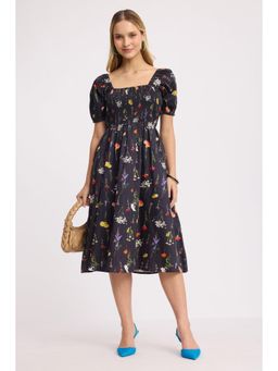 Virgio - Black Floral Cotton Smocked Fit & Flare Midi Dress for Women
