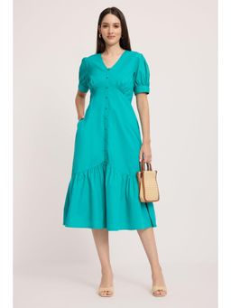 Virgio - Blue Solid Cotton Tier Hem Midi Dress for Women