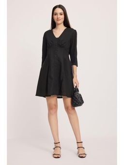 Virgio - Black Solid Linen Gathered Bust Mini Dress for Women