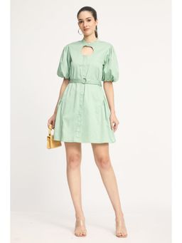 Virgio - Green Solid Cotton Cut-Out Godet Mini Dress with Belt for Women