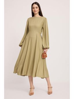 Virgio - Olive Solid Viscose Boat Neck Midi Dress for Women
