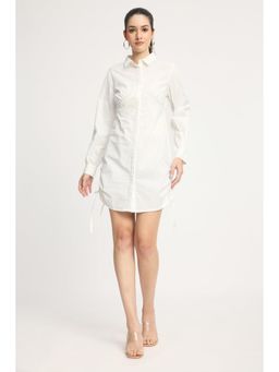 Virgio - White Solid Cotton Side Ruched Shirt Mini Dress for Women