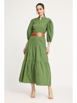 Virgio - Green Solid Cotton Puff Sleeve Maxi Tiered Dress with Belt for Women