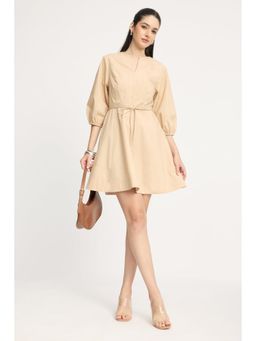 Virgio - Beige Solid Cotton Split Crew Neck Mini Dress with Belt for Women