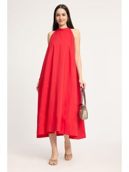 Virgio - Red Solid Cotton Halter Neck Flared Dress for Women