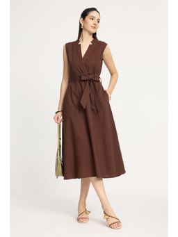 Virgio - Brown Solid Cotton Sleeveless Wrap Dress with Belt for Women