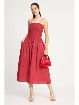 Virgio - Rust Solid Cotton Smocked Midi Dress for Women